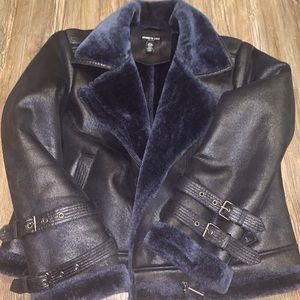 Navy Kenneth Cole Faux Fur & Glitter Biker Jacket